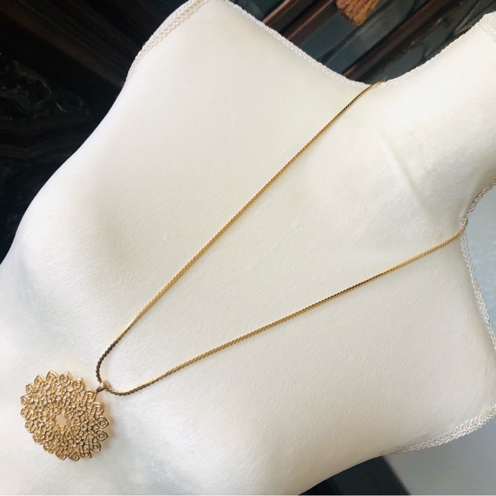 Vintage filigree pendant on gold braided chain necklace